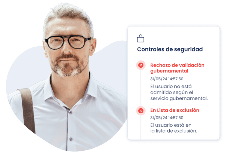 Controles de seguridad a un usuario con AML Screening. El usuario no a superado el control