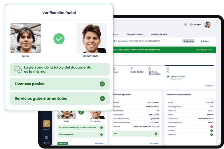 Tablet con la aplicación de Facephi y destacado por encima mostrando una operación exitosa de reconocimiento facial