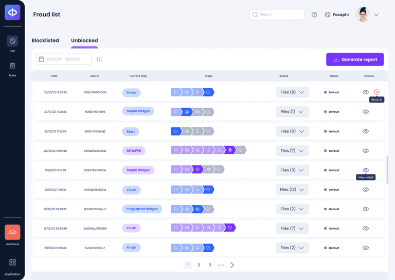 Pantalla con listado de usuarios desbloqueados en Facephi Identity Platform