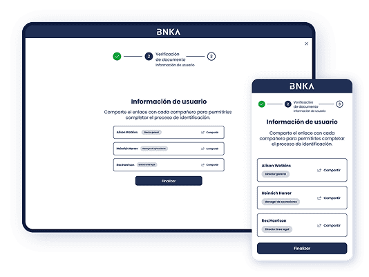 Pantallas de tablet y de móvil superpuesta, en las que se muestran el primer paso de la configuración de la plataforma Facephi KYB Platform