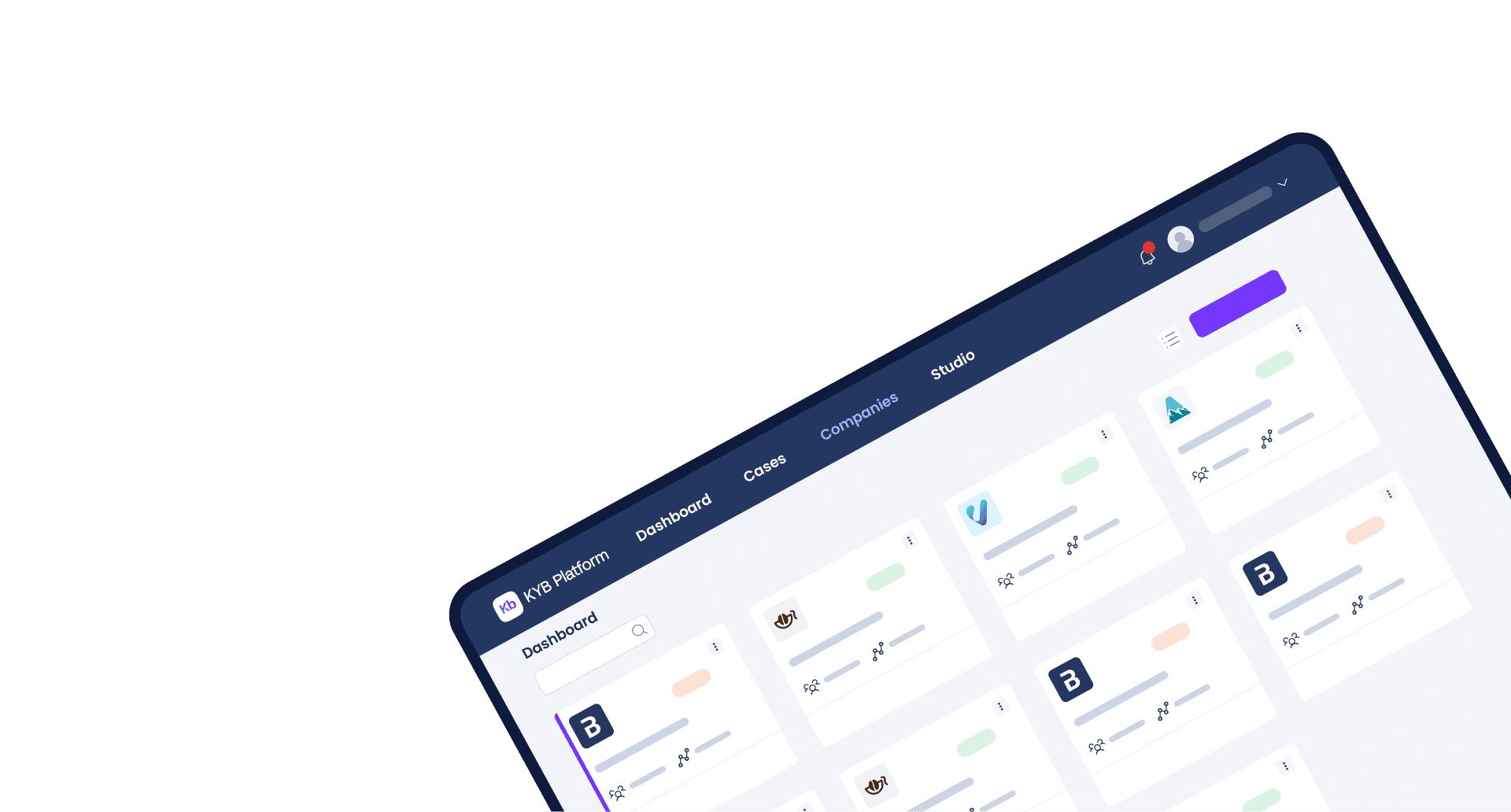 Pantalla de dispositivo girada en la que se ve la aplicación Facephi KYB platform