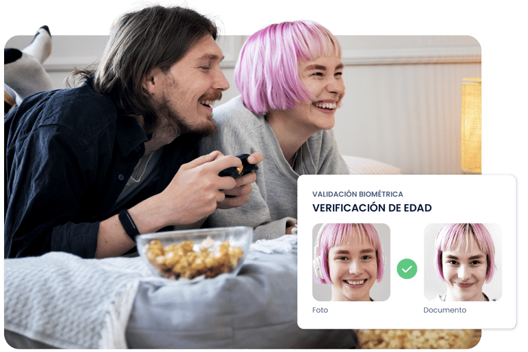 Jóvenes jugando a la consola y detalle de pantalla de verificación de edad