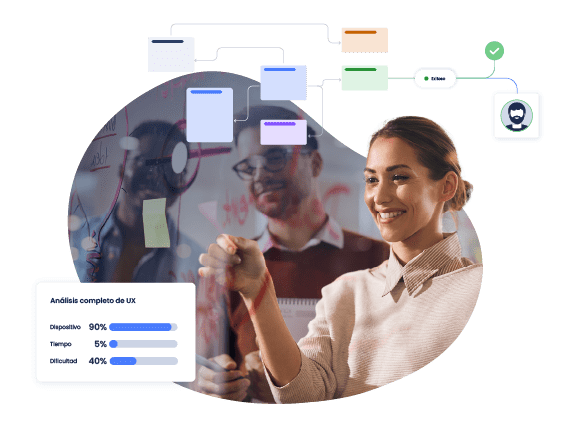 Equipo de UX analizando la experiencia de usuario mediante anotaciones en una pizarra