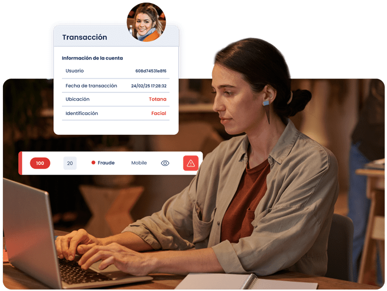 Usuaria con un portátil tratando de hacer una transacción financiera, pero detectada como fraude