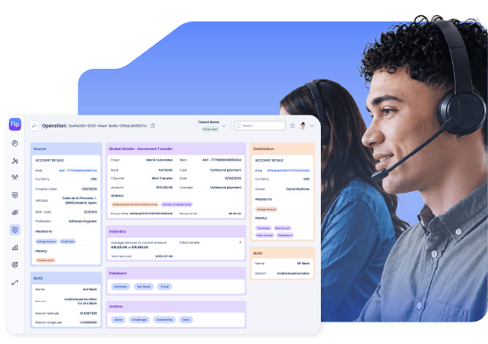 Facephi Identity Platform con datos de una transferencia internacional y un agente de soporte al cliente.