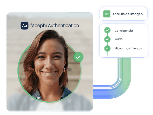 Interfaz de autenticación biométrica Facephi que muestra la verificación de una imagen facial con análisis de consistencia, ruido y micro movimientos.