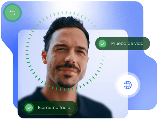 Imagen de un hombre frente a una interfaz de biometría facial con indicadores de prueba de vida y verificación biométrica
