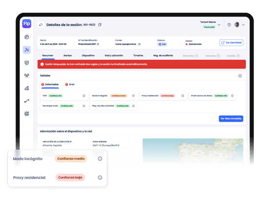 Herramienta de auditoría de sesiones digitales que detecta VPN, proxy residencial, navegación en modo incógnito y otras señales de fraude para verificar la autenticidad del usuario.