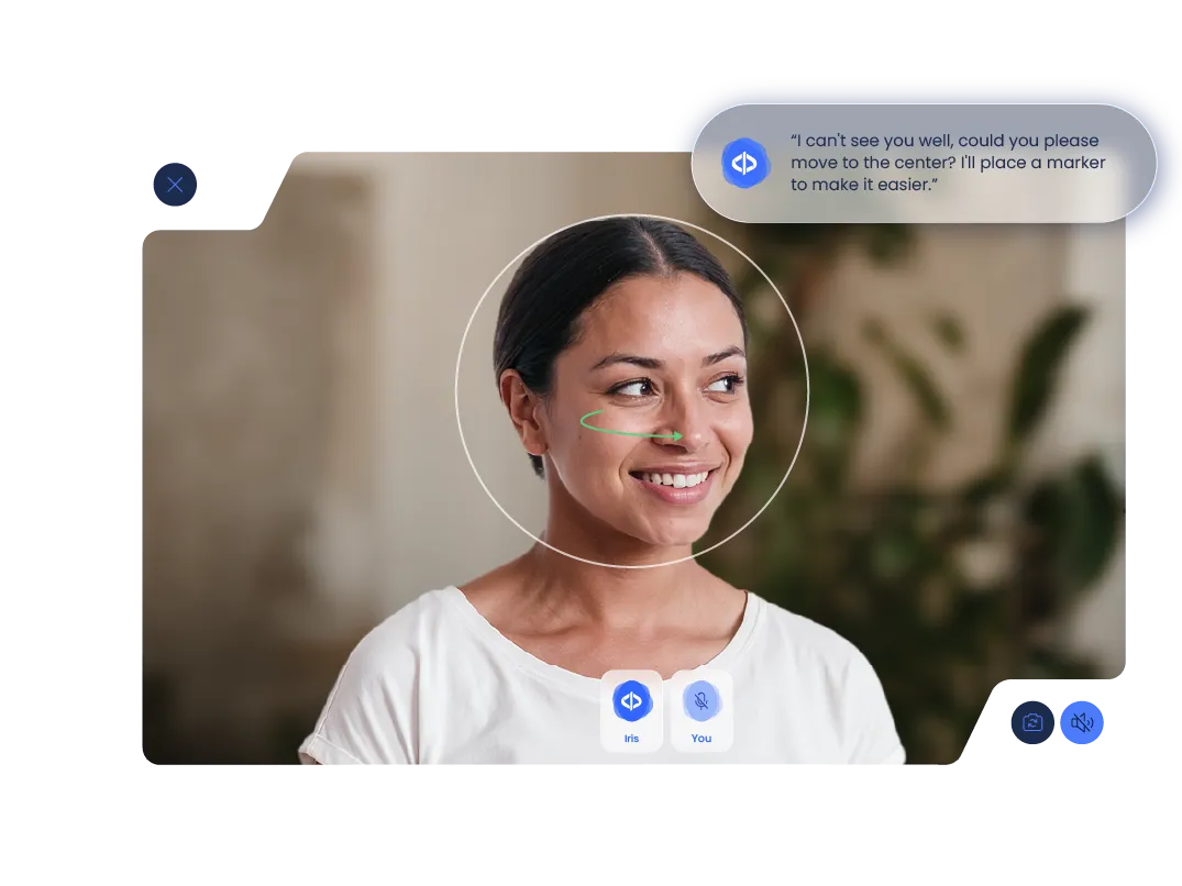Verificación facial con prueba de vida completada mientras el asistente guía a la usuaria