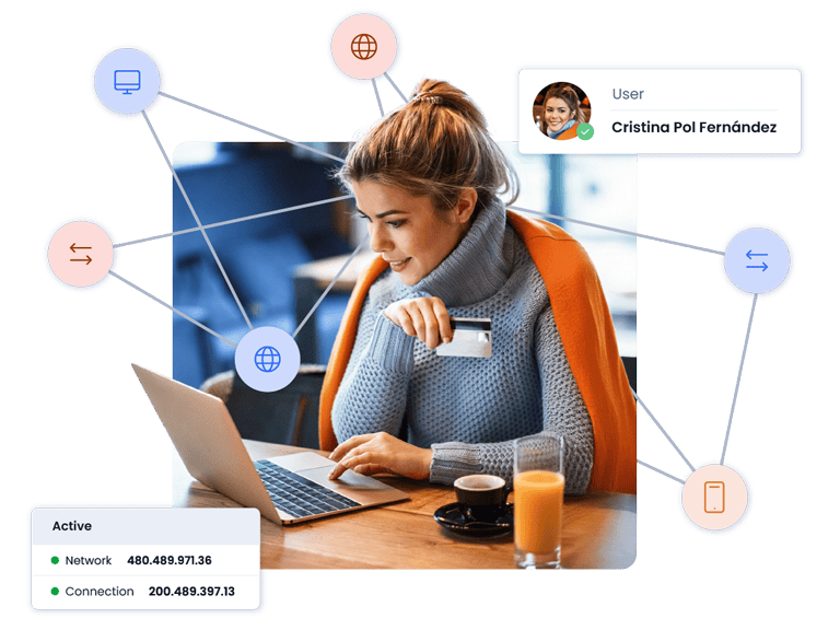 User in front of laptop with credit card. Several icons show the authentication process